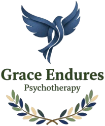 Logo for Grace Endures Psychotherapy using symbolism and colors that represent values of faith, family, and country.