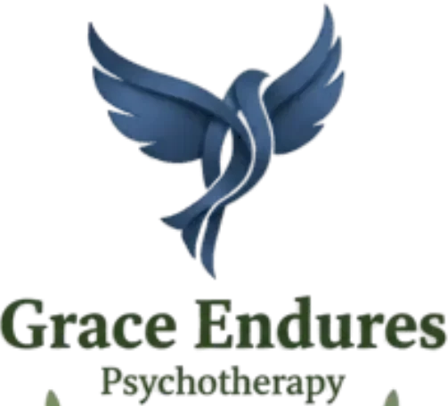 Logo for Grace Endures Psychotherapy using symbolism and colors that represent values of faith, family, and country.