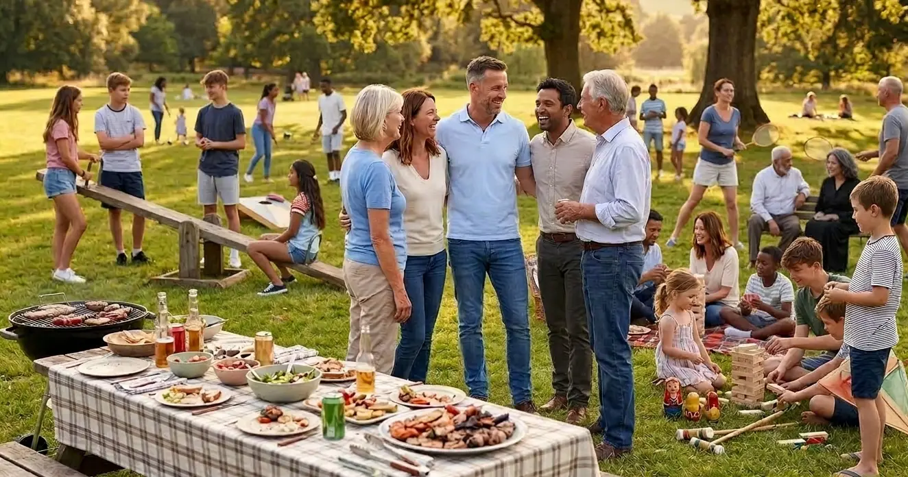 A warm photograph of a professional man in a light-blue shirt enjoying a community picnic with his family, illustrating the "Why" behind resilience and work-life alignment.