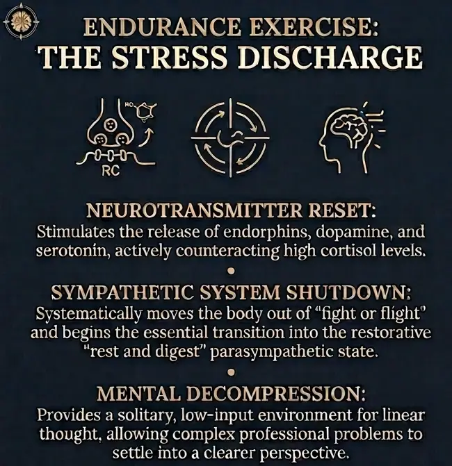 A dark navy infographic titled "Endurance Exercise: The Stress Discharge," detailing the benefits of neurotransmitter reset, sympathetic system shutdown, and mental decompression.