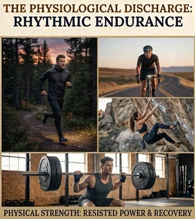 A four-panel graphic titled "The Physiological Discharge: Rhythmic Endurance," featuring trail running, cycling, rock climbing, and squatting heavy weights.