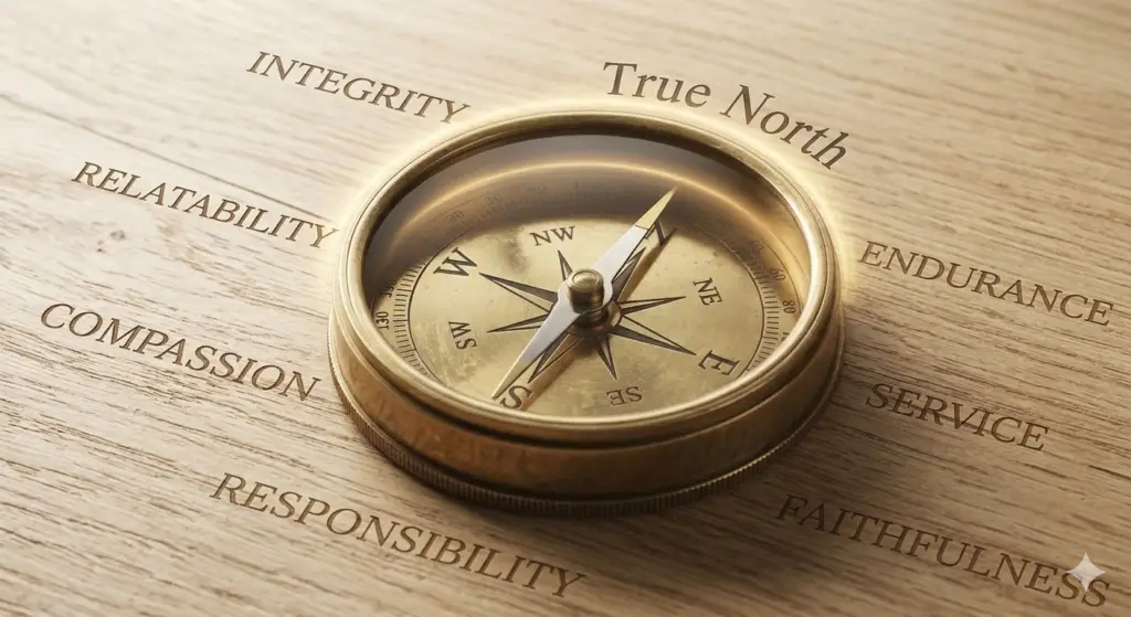 A professional infographic titled "When Demands Conflict with Values and Integrity" featuring a gold compass icon. The text explores the unique psychological strain on high-integrity professionals and how success traits like conscientiousness can increase vulnerability to internal pressure.
