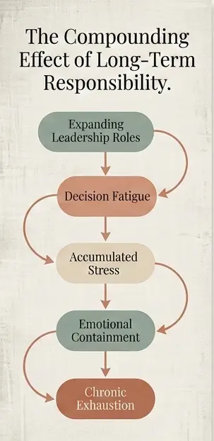 A vertical flowchart titled "The Compounding Effect of Long-Term Responsibility" showing the progression from leadership roles and decision fatigue to chronic exhaustion.