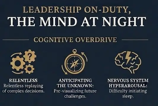 A high-resolution graphic for Grace Endures titled "Leadership On-Duty, The Mind at Night" featuring an exhausted male professional and text describing cognitive overdrive, relentless replaying, and nervous system hyperarousal.