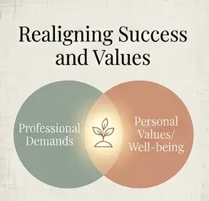 A Venn diagram infographic titled "Realigning Success with Personal Values" showing the intersection of professional demands and personal well-being to find true alignment and health.