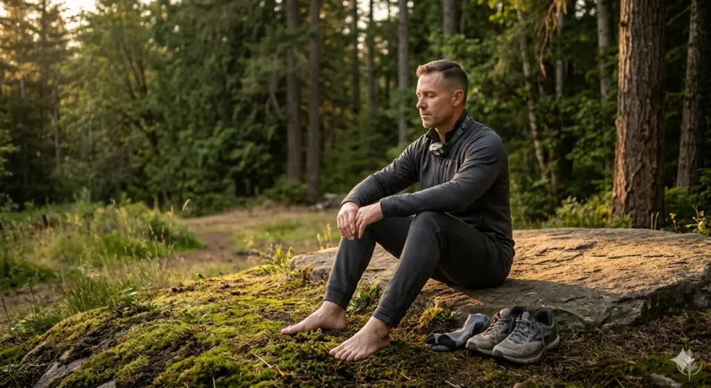 A clean-shaven male professional sitting barefoot on a stone in a forest clearing at sunset, practicing grounding and analog stillness to recover from cognitive overdrive.