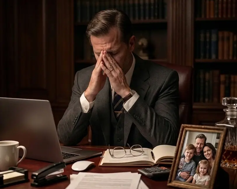 A clean-shaven male professional in a charcoal suit sitting at a dark mahogany desk at night, appearing exhausted with his face in his hands; a laptop and a framed family photo are visible on the desk.