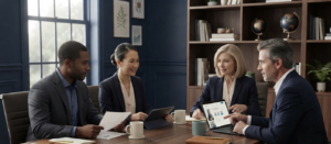 Professionals in a meeting strategizing the launch of a new product.